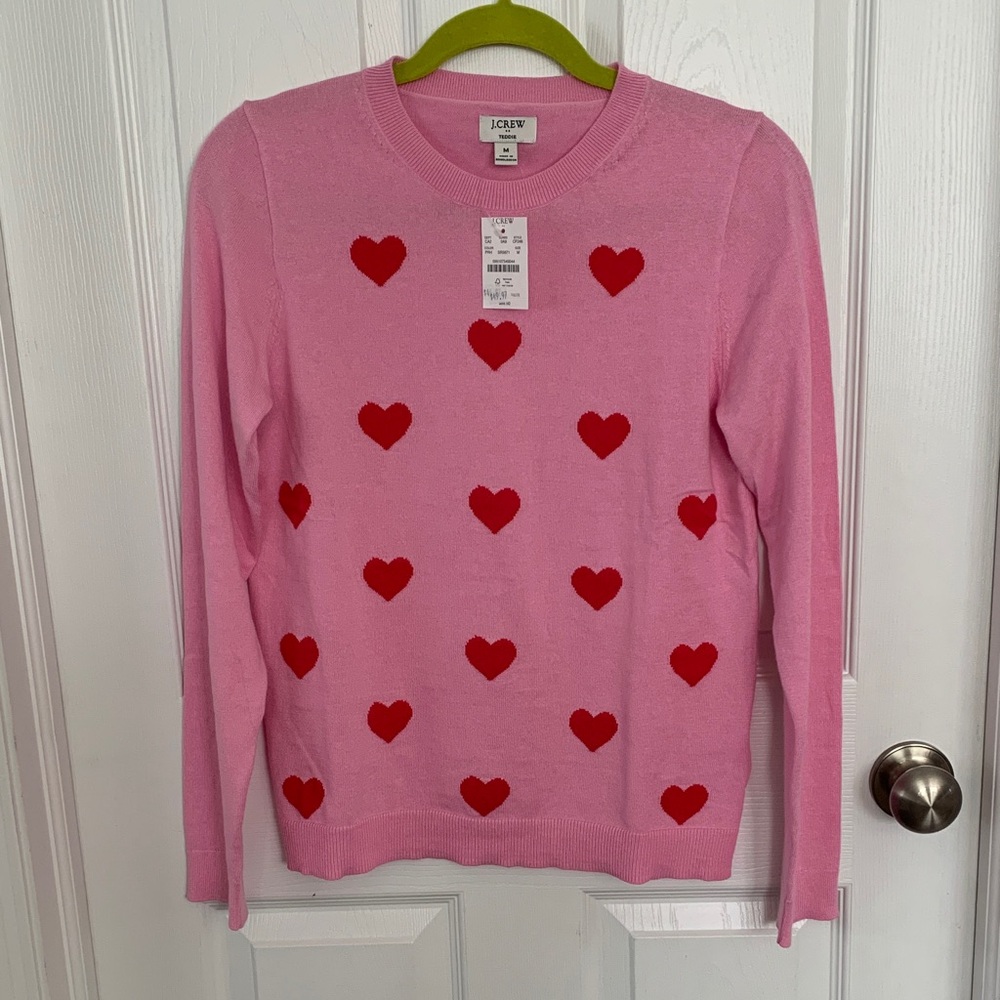 J. Crew Teddie Sweater Pink with Red Hearts Medium